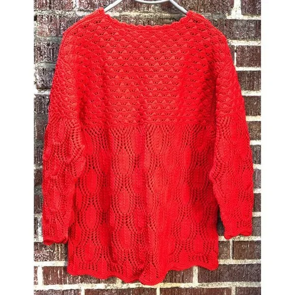 Vtg NOS Bright Orangish Red Hand Knit Cotton Sweater Intricate Patterns Sz XL - Picture 4 of 4